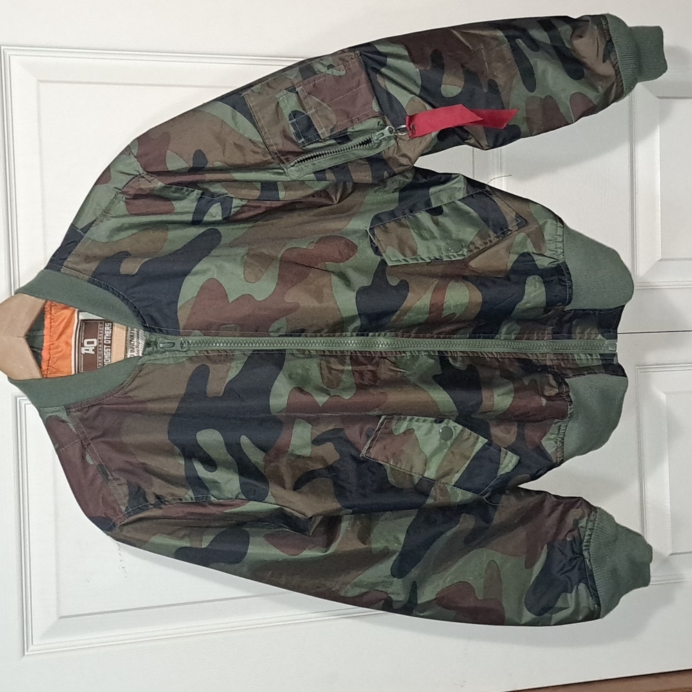 American Legacy Amongst Others Camo Bomber Jacket - Med - Poly Nylon Green Brown
